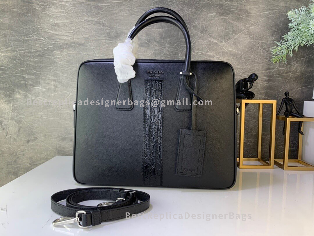 Prada Black Saffiano Cuir Leather Bandoleer Briefcase With Crocodile Effect SHW 368